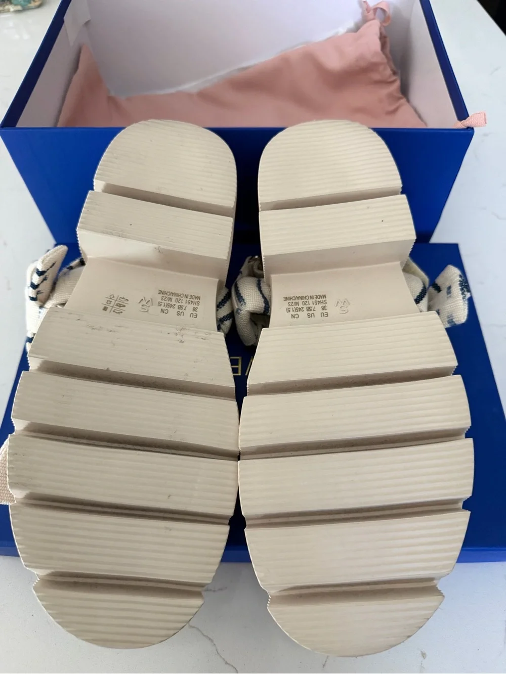Stuart Weitzman Cream and Navy Striped Women’s Sandals